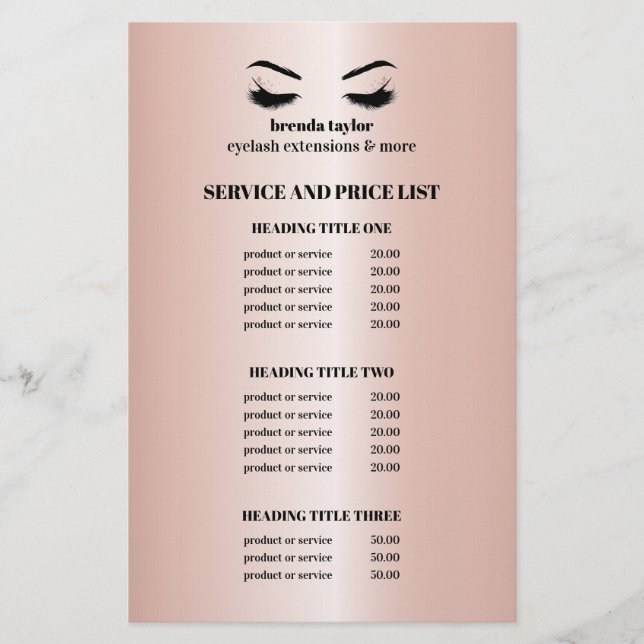 Glamour Rose Gold EYELASH SALON SERVICE LIST Flyer (Vorne)