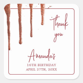 Glamour Rose Gold Glitzer Tropfen Sweet 16 Geburts Quadratischer Aufkleber