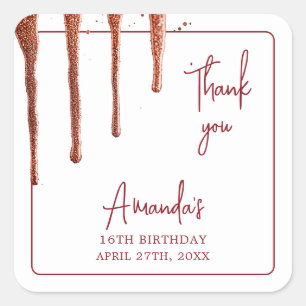 Glamour Rose Gold Glitzer Tropfen Sweet 16 Geburts Quadratischer Aufkleber