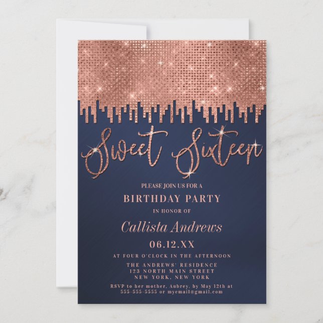 Glamour Rose Gold Navy Glitzer Pixel Sweet 16 Einladung (Vorderseite)