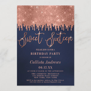 Glamour Rose Gold Navy Glitzer Pixel Sweet 16 Einladung