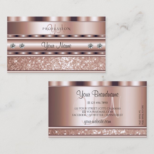 Glamour Rose Gold Sparkle Glitzer Stars Monogram Visitenkarte (Vorne/Hinten)