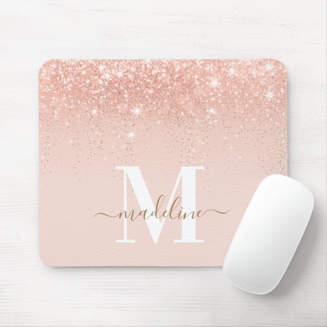 Glamour Rosegold Glitzer Elegantes Script Monogram Mousepad (Mit Mouse)