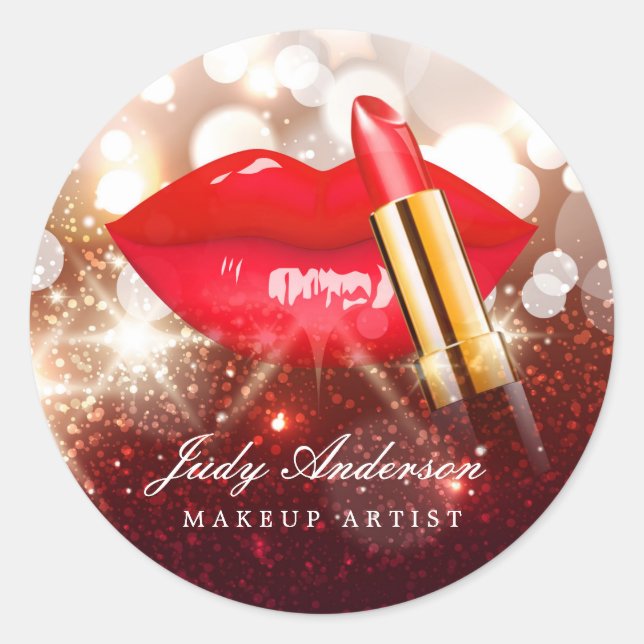 Glamour Rote Lippen Gold Glitzer Sparkle Makeup Ar Runder Aufkleber (Vorderseite)