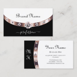 Glamour Schwarz und Weiß Rose Gold mit Initialen Visitenkarte