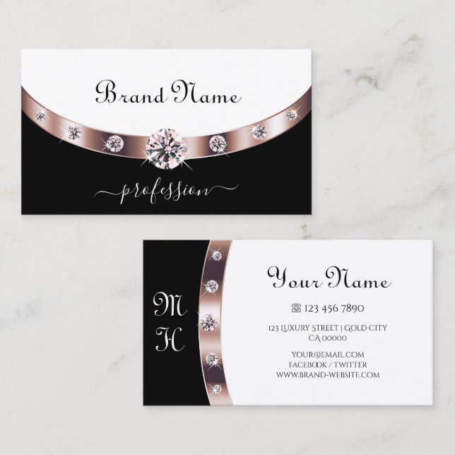Glamour Schwarz und Weiß Rose Gold mit Initialen Visitenkarte (Vorne/Hinten)