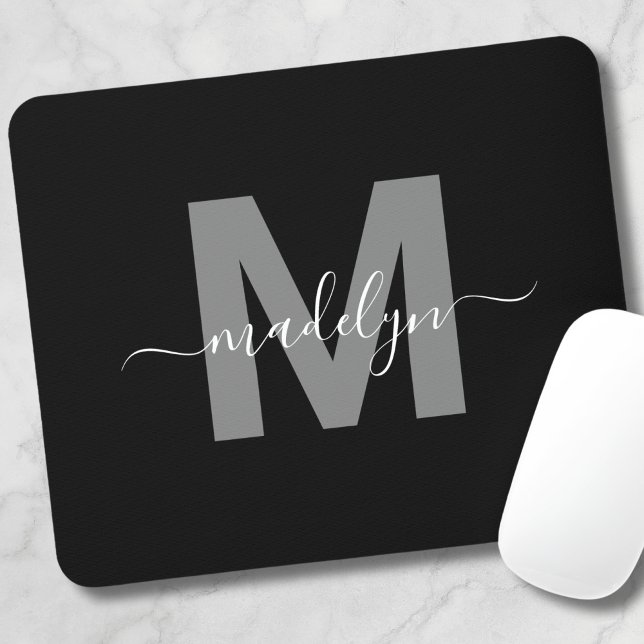 Glamour Schwarz-weiß Name Monogram Mousepad (Glamorous Black White Name Monogram Mouse Pad)