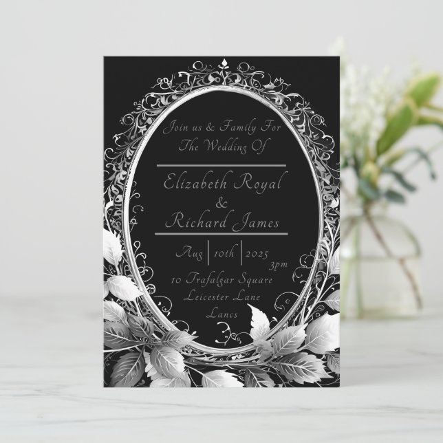 Glamour Silver & Black Hochzeit Einladungen Set (Stehend Vorderseite)