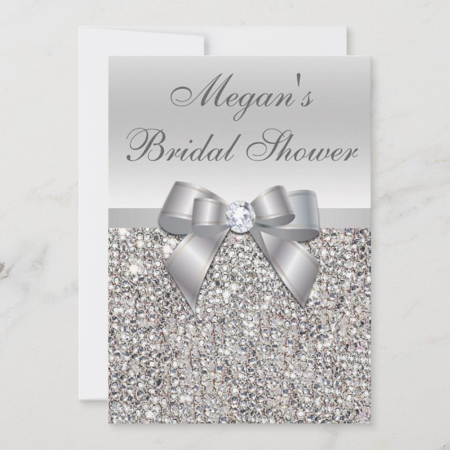 Glamour Silver Sequins Bow Brautparty Einladung (Vorderseite)