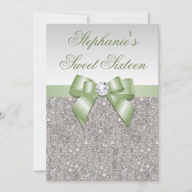Glamour Sweet 16 Imitat Silver Sequins Green Bow Einladung (Vorderseite)