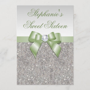 Glamour Sweet 16 Imitat Silver Sequins Green Bow Einladung