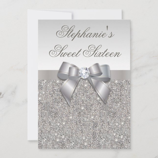 Glamour Sweet 16 Imitat Silver Sequins und Bow Einladung (Vorderseite)