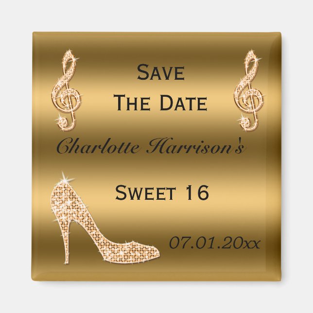 Glamour Sweet 16 Save the Date Gold Stiletto Magnet (Vorne)