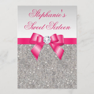 Glamour Sweet 16 Silver Sequins Hot Pink Bow Einladung