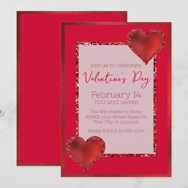 Glamour Valentinstag Roter Glitzer Herz Einladung (Vorne/Hinten)
