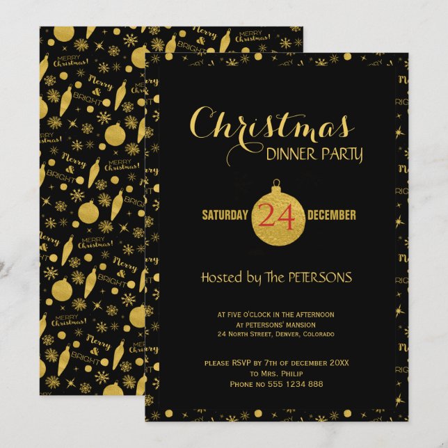 Glamour Weihnachtsskriptmuster Gold schwarz Einladung (Vorne/Hinten)