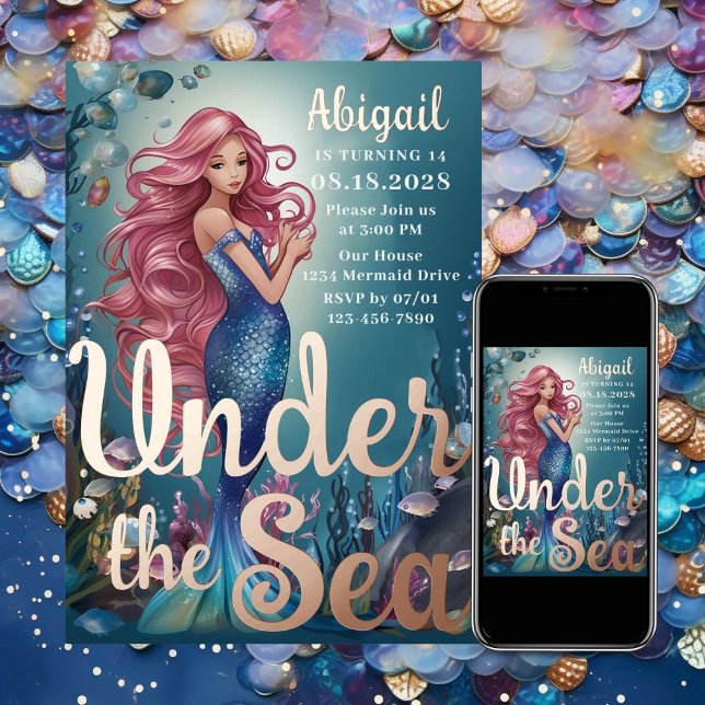 Glamour Whimsical Mermaid unter dem Meer Geburtsta Folieneinladung (Glamorous Whimsical Mermaid Under the Sea Birthday Foil Invitation)