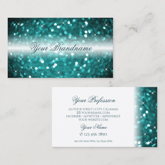 Glamour White and Aquamarin Sparkling Glitzer Stil Visitenkarte (Vorne/Hinten)