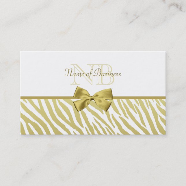 Glamour White and Gold Zebra Print mit Monogram Visitenkarte (Vorderseite)