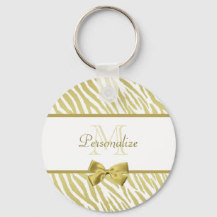 Glamour White and Gold Zebra Print mit Namen Schlüsselanhänger