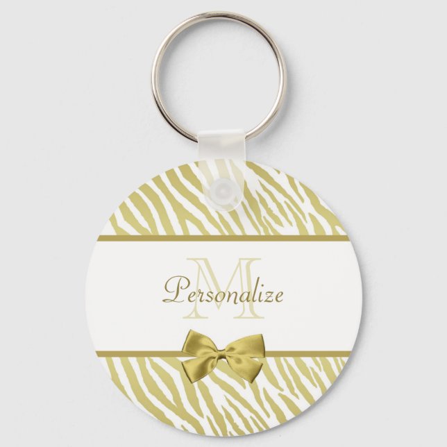 Glamour White and Gold Zebra Print mit Namen Schlüsselanhänger (Vorderseite)