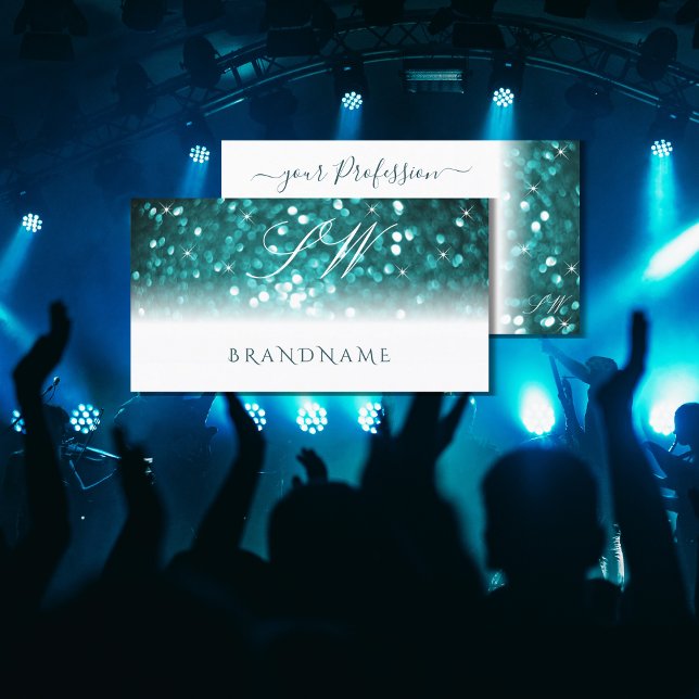Glamour White Aquamarin Sparkling Glitzer Monogram Visitenkarte (Von Creator hochgeladen)