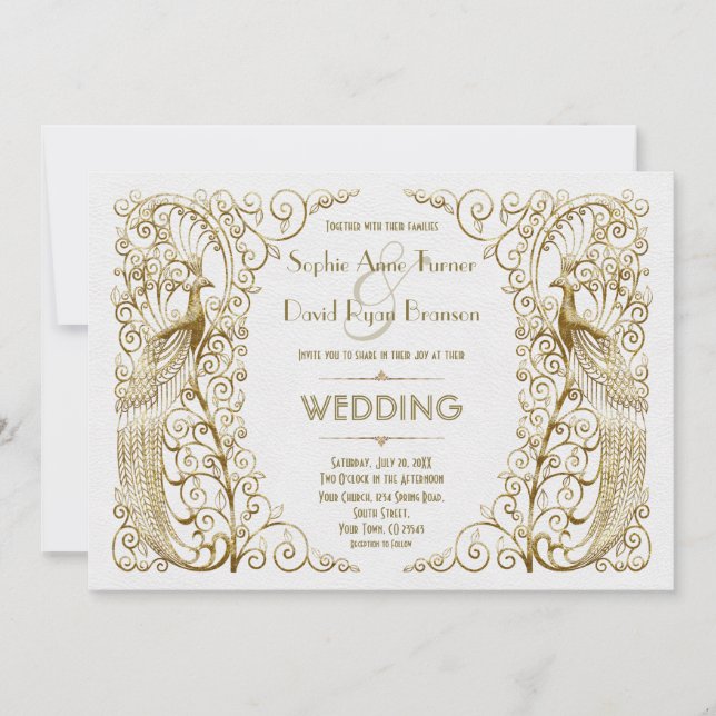 Glamour White Gold Art Deco Peacocks Hochzeit Einladung (Vorderseite)
