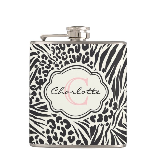 Glamour Zebra Leopard Custom Monogram Flask Flachmann (Vorderseite)