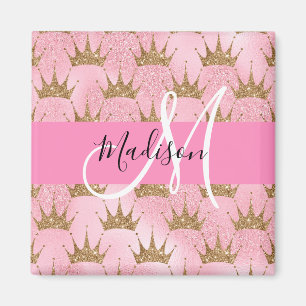 Glamourös Pink & Gold Glitter Funken Kronen Monogr Magnet