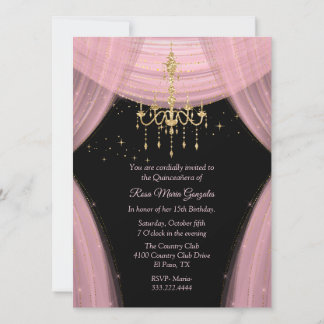 Glamourös rosa und schwarze Quinceñera Einladung