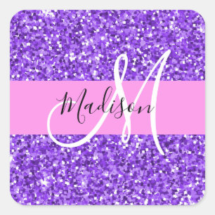 Glamourös violetter und rosa Glitter Glanz Monogra Quadratischer Aufkleber