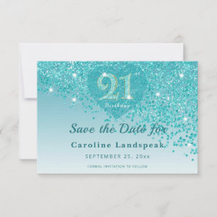 Glamouröse 21. Geburtstag Türkis Glitter Frosted H Save The Date