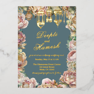 Glamouröse arabische Nächte Blue Floral Wedding Folieneinladung