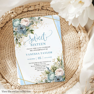 Glamouröse, blaue, weiße Peonies Sweet 16 Einladun Einladung