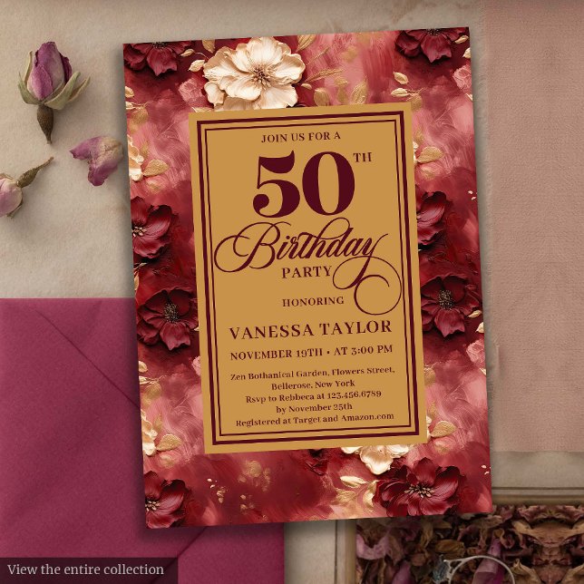 Glamouröse bordeauxrote Rose 50. Geburtstag Einladung (Glamorous burgundy blush gold roses 50th birthday card

)