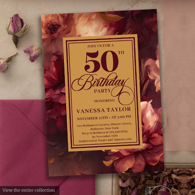 Glamouröse bordeauxrote Rose 50. Geburtstag Einladung (Glamorous burgundy blush gold roses 50th birthday card

)
