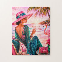 Glamouröse Dame auf flamingofarbenem tropischem St
