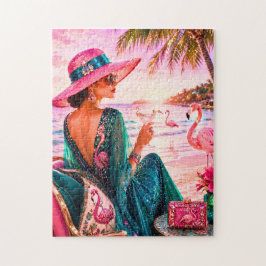 Glamouröse Dame auf flamingofarbenem tropischem St