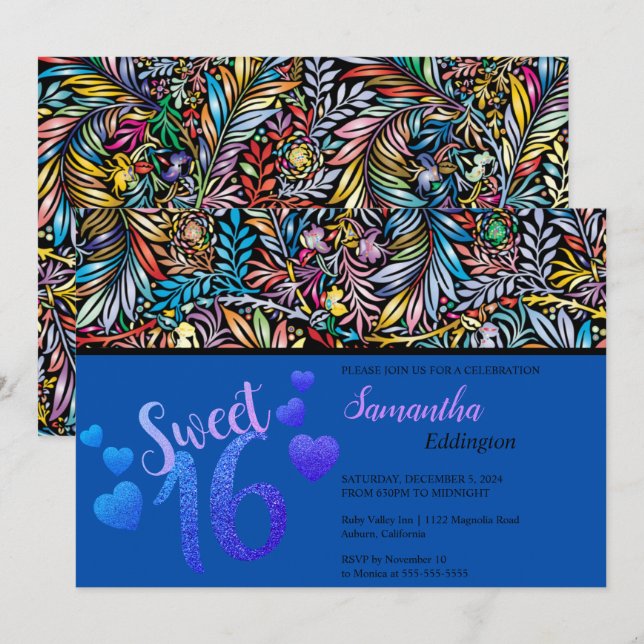 Glamouröse Farben Sweet 16 Einladung (Vorne/Hinten)