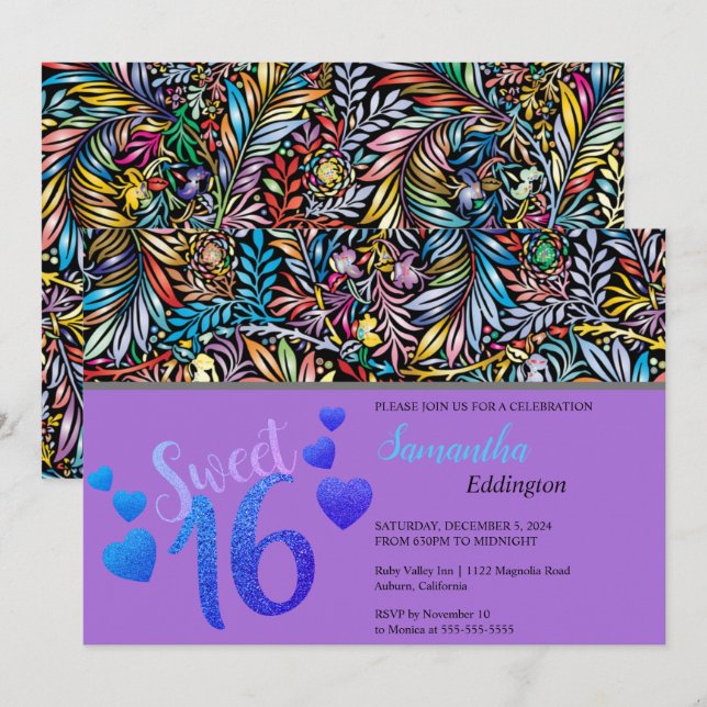 Glamouröse Farben Sweet 16 Einladung (Vorne/Hinten)