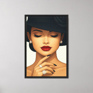 Glamouröse Frau mit Red Lips und Black Hat Leinwanddruck