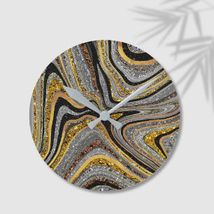 Glamouröse Glitzer-Marmor-Kunst grau Gold Runde Wanduhr