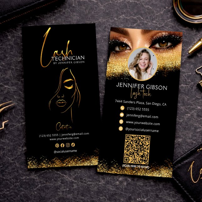 Glamouröse Gold & Black Lash Tech QR Code Visitenkarte (Von Creator hochgeladen)