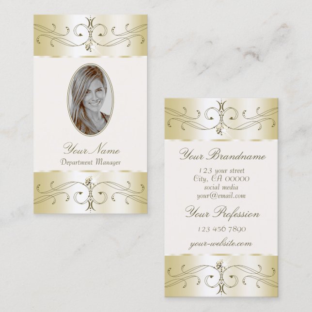 Glamouröse Goldcreme Verzierte Ornamente mit Foto Visitenkarte (Vorne/Hinten)