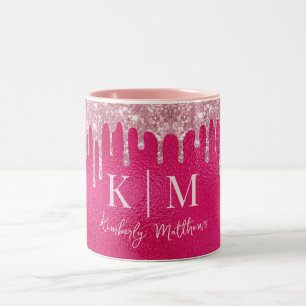 Glamouröse, heißrosa-glitzernde Monogramm-Initiale Zweifarbige Tasse