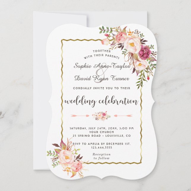 Glamouröse Hochzeit mit Gold Blush Pink Einladung (Vorderseite)