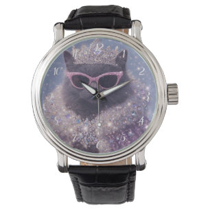 Glamouröse Königin-Katze funkelndes Fantasy-Porträ Armbanduhr