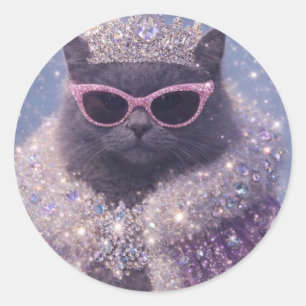 Glamouröse Königin-Katze funkelndes Fantasy-Porträ Runder Aufkleber