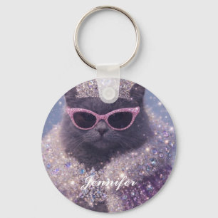 Glamouröse Königin Katze Funkelndes Fantasy-Porträ Schlüsselanhänger