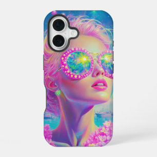Glamouröse Neon-Frau mit funkelnden Brillen iPhone 16 Hülle
